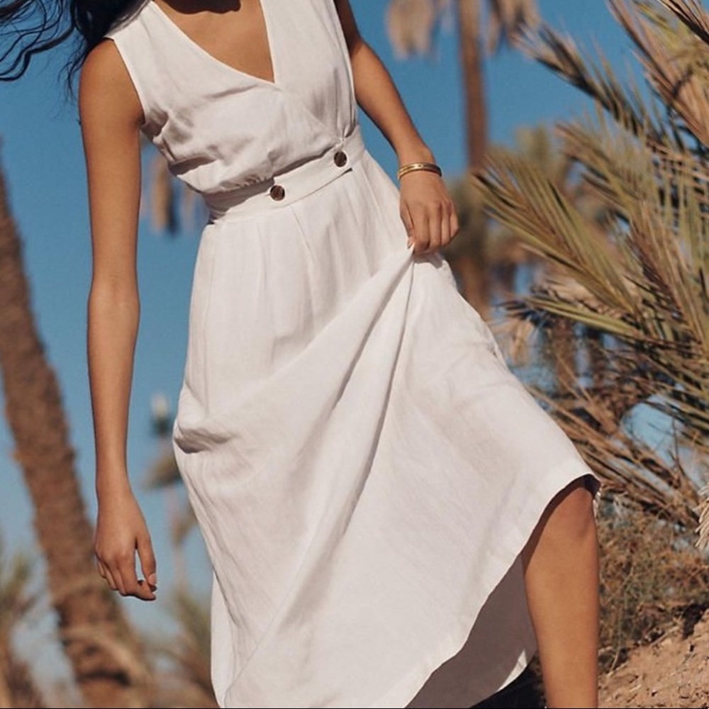 MADEWELL Linen Blend Button-Waist Wrap Midi Dress